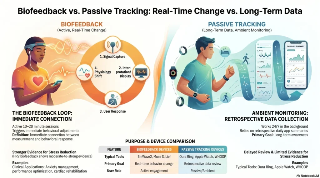 infographic comparing biofeedback training and passive wearable tracking for stress and physiological monitoring