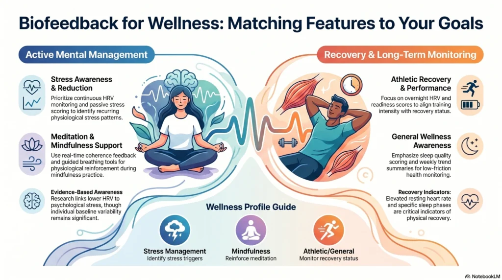 biofeedback-wellness-feature-goals-guide Infographic explaining biofeedback wellness features for stress management, HRV tracking, mindfulness support, athletic recovery, and long-term health monitoring.