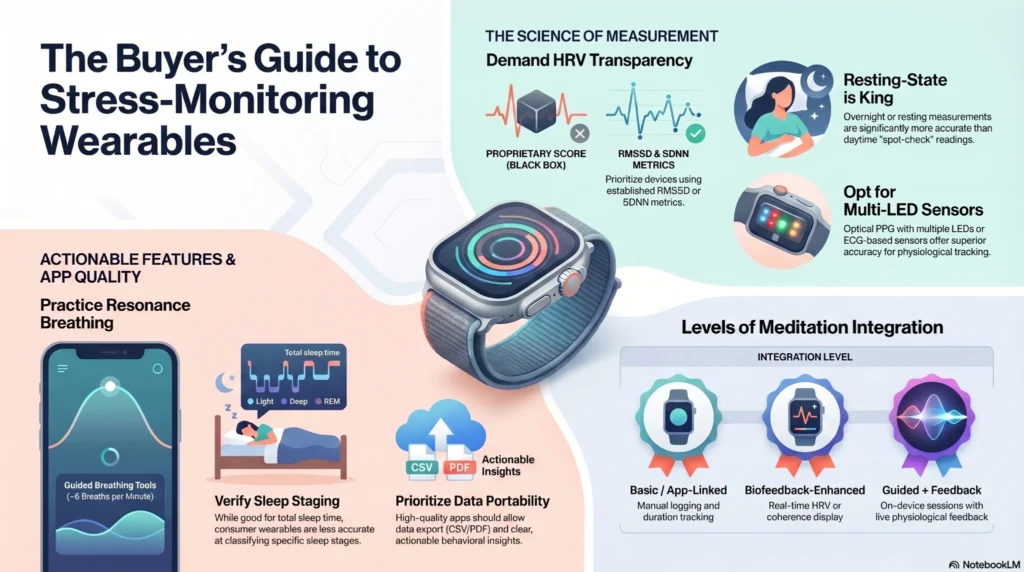 buyers-guide-stress-monitoring-wearables Infographic explaining how to choose stress-monitoring wearables using HRV transparency, meditation integration, sleep tracking, breathing tools, and physiological sensor accuracy.