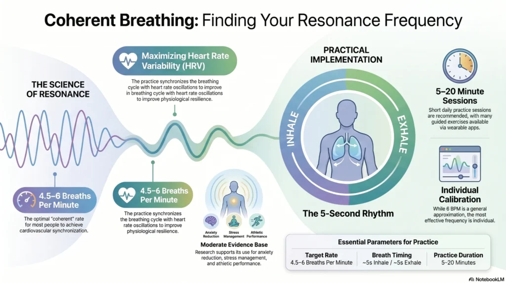 infographic explaining coherent breathing resonance frequency and heart rate variability optimization techniques