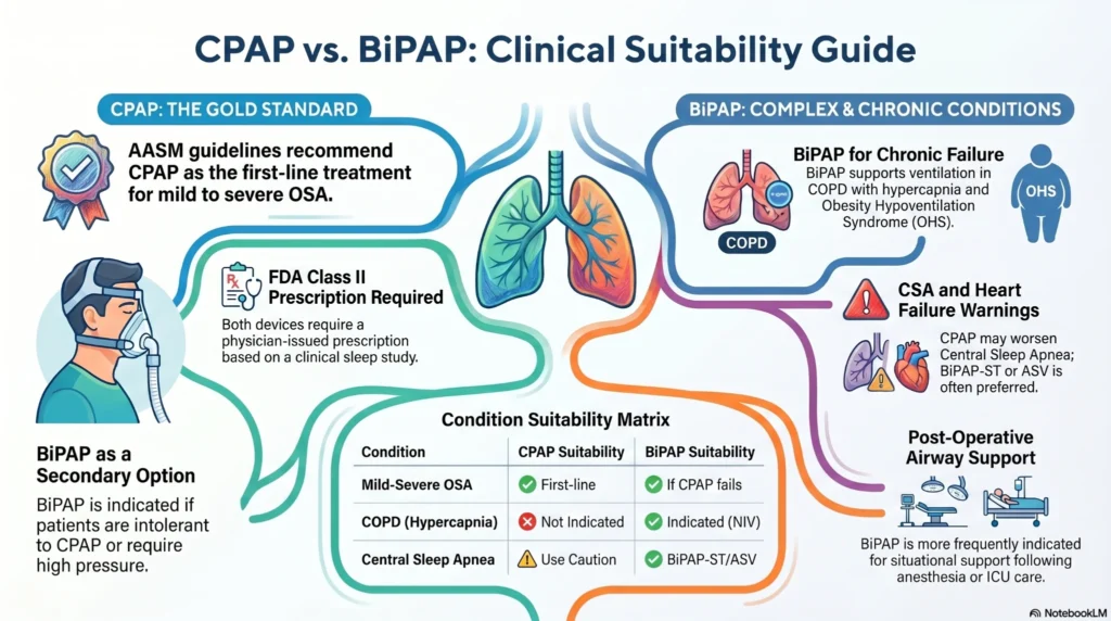 Medical infographic comparing CPAP and BiPAP machines for sleep apnea treatment, COPD respiratory support, central sleep apnea management, and post-operative airway therapy.