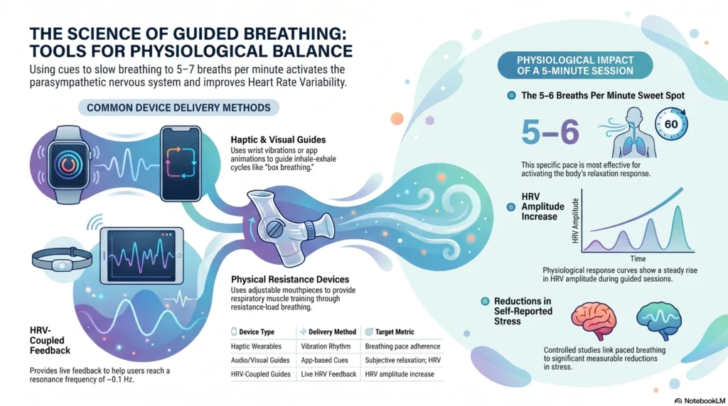 infographic explaining guided breathing techniques and HRV improvement with wearable devices and tools