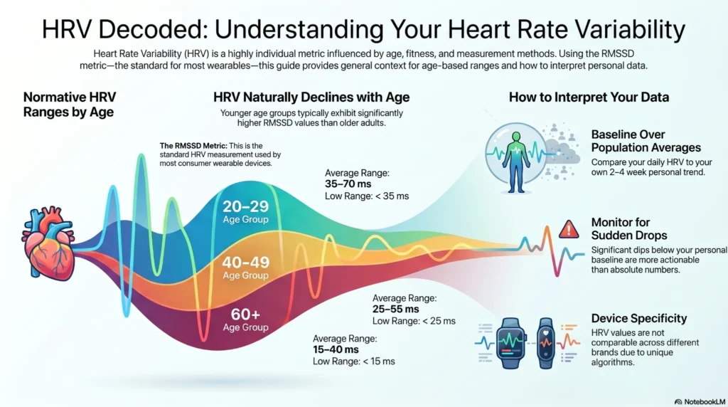 infographic explaining heart rate variability ranges by age with guidance on interpreting HRV data from wearables