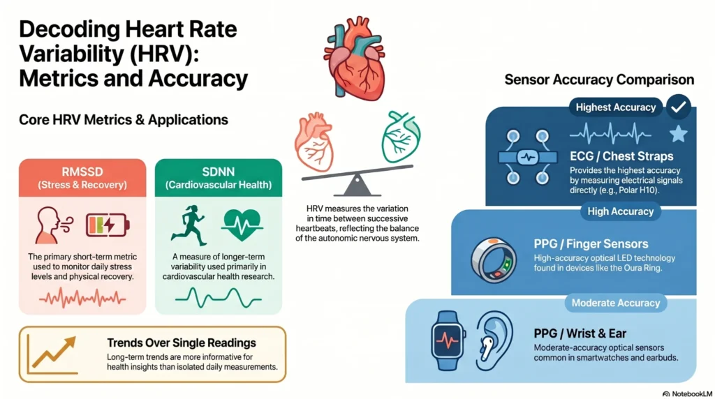 infographic explaining HRV metrics RMSSD and SDNN with comparison of ECG and PPG sensor accuracy