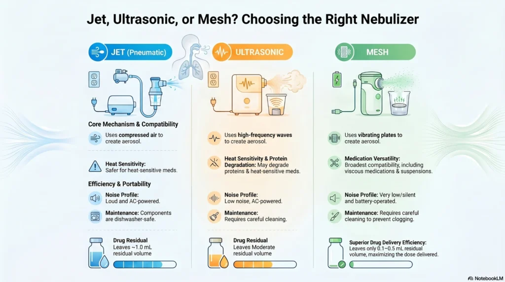 Infographic comparing jet pneumatic nebulizers, ultrasonic nebulizers, and mesh nebulizers for respiratory treatment, aerosol medication delivery, maintenance, and portability.