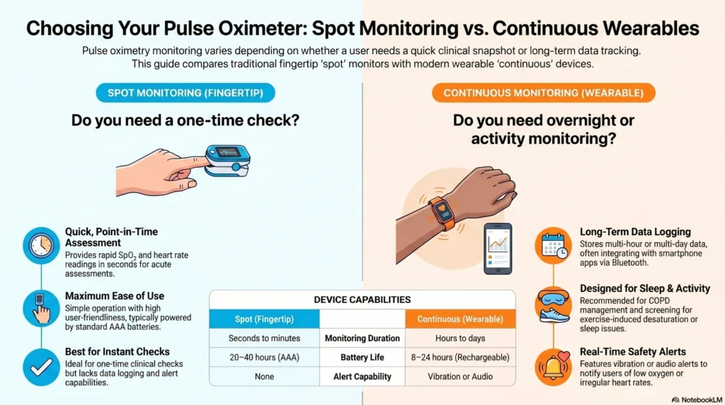 Infographic comparing spot fingertip pulse oximeters with continuous wearable oxygen monitoring devices for SpO2 tracking, sleep monitoring, heart rate alerts, and long-term oxygen data logging.