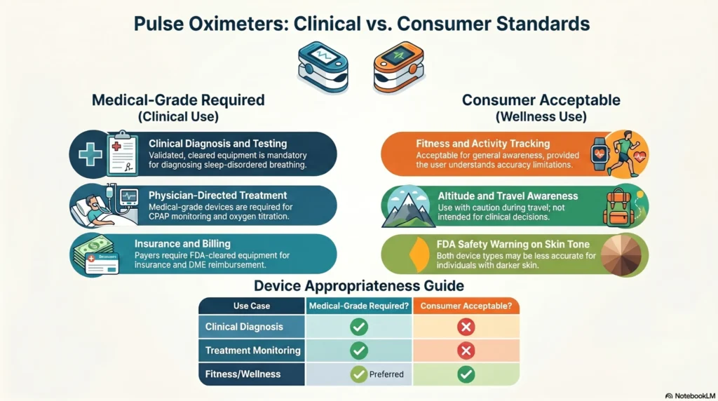 Infographic comparing medical-grade pulse oximeters and consumer wellness pulse oximeters for clinical diagnosis, CPAP treatment monitoring, fitness tracking, and oxygen saturation awareness.