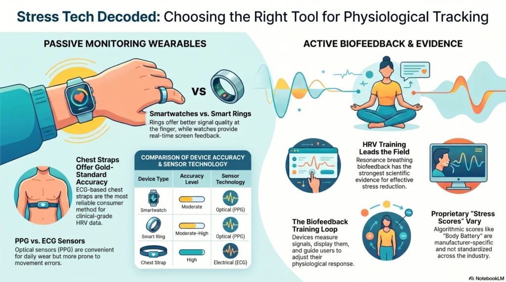 infographic comparing stress tracking wearables like smartwatches and rings with biofeedback training methods