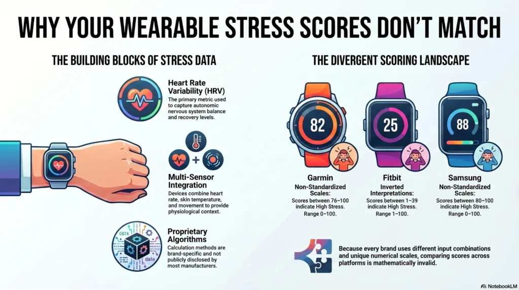infographic explaining why stress scores differ across wearable devices using HRV and proprietary algorithms
